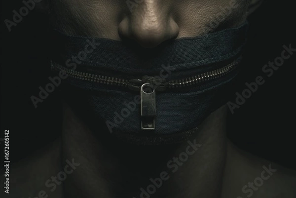 Fototapeta Surreal close-up portrait of a man with his mouth visually replaced by a closed zipper or padlock, symbolizing silence, censorship, and lack of freedom of speech. Dark, muted tones and conceptual art 