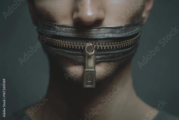 Fototapeta Surreal close-up portrait of a man with his mouth visually replaced by a closed zipper or padlock, symbolizing silence, censorship, and lack of freedom of speech. Dark, muted tones and conceptual art 
