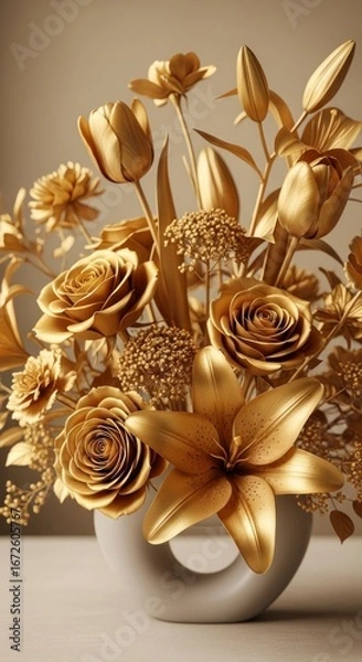 Fototapeta A striking bouquet of golden flowers in a modern, minimalist vase, showcasing intricate details and a luxurious aesthetic.
