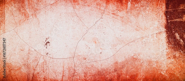 Fototapeta Weathered red and white painted wall with cracks, great for backgrounds in presentations, posters, or social media graphics requiring a rustic aesthetic.