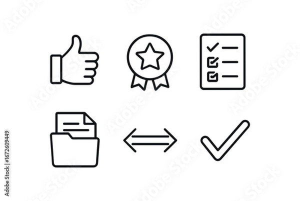Obraz simple outline stroke icon isolated on white background: recommendation badge check list folder sheet arrow line approval mark