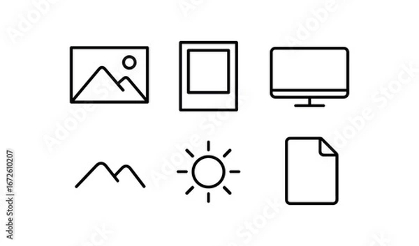 Obraz simple outline stroke icon isolated on white background: image photo frame screen icon mountain line sun circle file mark
