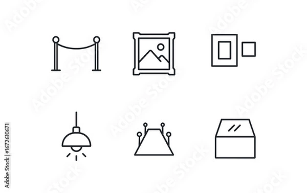 Obraz simple outline stroke icon isolated on white background: exhibition art frame gallery lamp glow floor path display case