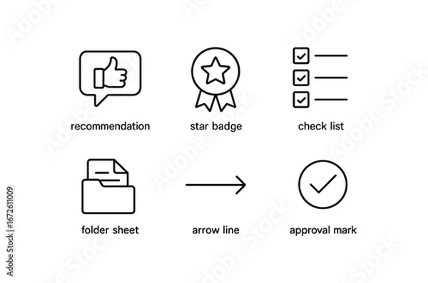 Obraz simple outline stroke icon isolated on white background: recommendation badge check list folder sheet arrow line approval mark