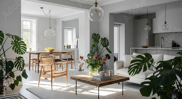 Fototapeta Bright and airy open concept living space with monstera plants and modern furniture design elements