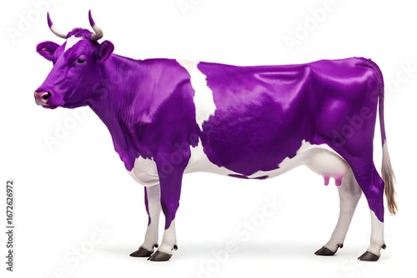 Fototapeta A purple and white cow standing on a white background in a studio shot with visible horns and udders