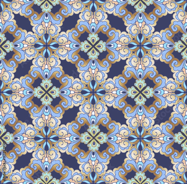 Fototapeta Eastern, Indian, Persian Golden seamless ornament on a blue background.Decorative ornament backdrop for fabric, textile, wrapping paper