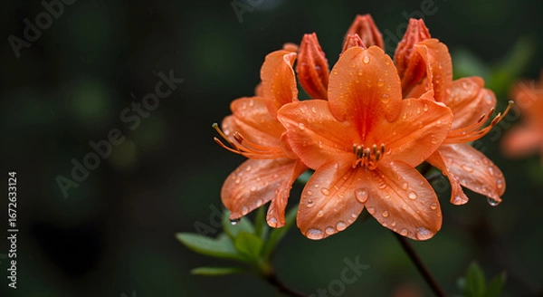 Fototapeta Rainy Day Close-up of orange Azalea with glistening raindrops, diffused light Poignant