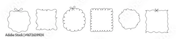 Fototapeta Set of elegant whimsical hand drawn frames with wavy squiggle curly ribbon and bow in trendy, vintage retro styles. Perfect for wedding, birthday or party invitations or greeting card decor