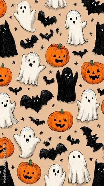 Fototapeta Colorful Halloween pattern with ghosts, pumpkins, and bats on a light background showcasing a festive spirit