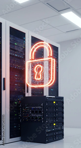 Fototapeta Digital Fortress: The image showcases a modern data center, where rows of servers hum quietly within their racks, an illuminated padlock symbol highlighting the paramount importance of data security.