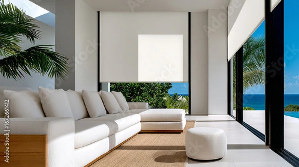 Fototapeta Minimalist interior with shutters, panoramic ocean views, and a pool. The clean, modern design creates a serene and luxurious environment, ideal for relaxing and enjoying the scenery.