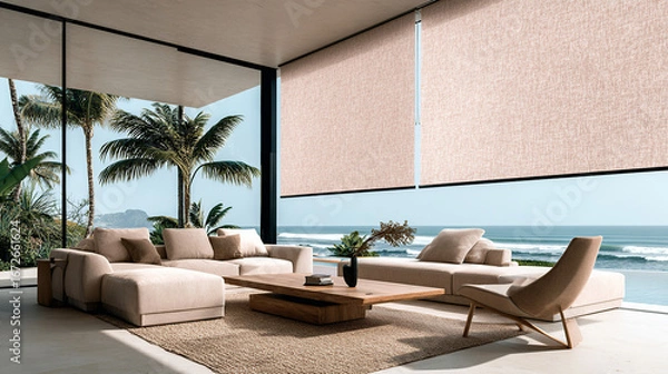 Fototapeta A sophisticated and serene environment with breathtaking ocean views, ideal for interior design, architecture, real estate, and luxury lifestyle projects.