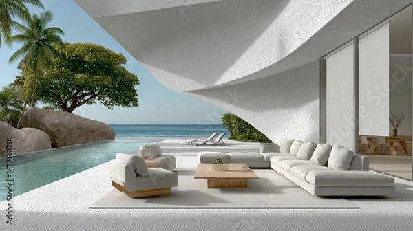Fototapeta Luxurious architecture and lush landscape merge into a serene beachfront space. Ideal for architectural projects, real estate, travel, and high-end lifestyle.