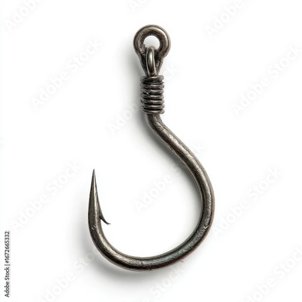 Fototapeta A close-up of a single fish hook with a curved shape and a sharp point