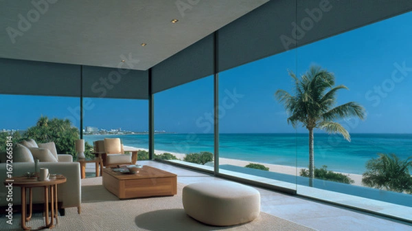 Fototapeta Beachfront luxury: modern and cozy interior with panoramic views of the beach and turquoise sea. Perfect for luxury architecture, real estate, travel, and design.