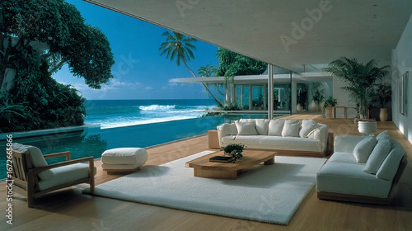 Fototapeta Breathtaking view: infinity pool and elegant living room blend into the blue sea. Ideal for luxury architecture, design, real estate, and exclusive lifestyle projects.