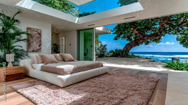 Fototapeta Dream bedroom: an elegant and modern retreat with stunning views of the sea and lush nature. Ideal for architecture, design, and luxury lifestyle projects.
