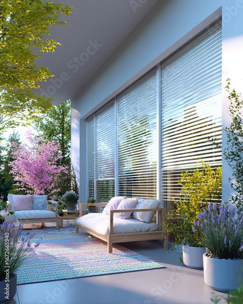 Fototapeta Charming balcony: a flowery and serene retreat, with wooden furniture and lush vegetation. Ideal for outdoor design, landscaping, and decorating projects.