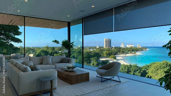 Fototapeta Luxurious and tranquil environment with panoramic ocean and city views. Perfect for interior design, architecture, tourism, and real estate projects.