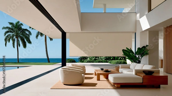 Fototapeta Sophisticated lifestyle: panoramic ocean and pool views from an elegant living room. Perfect for luxury architecture, decor, and real estate projects.