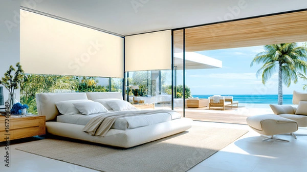 Fototapeta Room with a view of paradise: Motorized shades provide instant privacy and comfort, creating the perfect retreat to relax and wake up to the sound of the ocean.