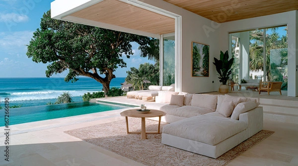 Fototapeta Live the dream by the sea: A luxurious retreat where minimalist design meets the beauty of nature, creating the perfect setting for tranquility and relaxation.