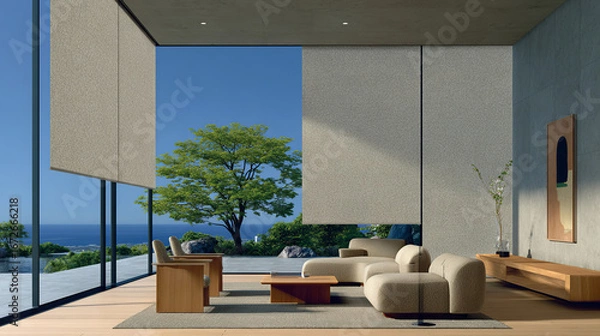 Fototapeta Connecting indoors and outdoors: Modern blinds offer privacy and light control while maintaining stunning views and harmony with nature.