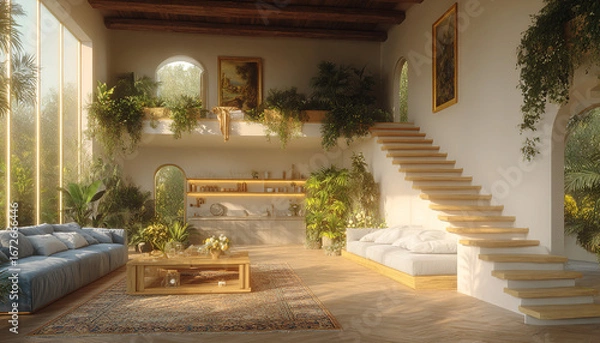 Fototapeta Interior with a modern, biophilic design. Natural light, hanging plants, and white walls create a welcoming, elegant environment that connects with nature.