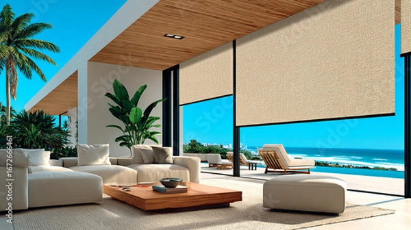 Fototapeta Luxurious living room with roller blinds, ocean views, and modern décor. The space is ideal for enjoying natural beauty and comfort in style.