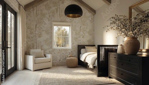 Fototapeta Modern bedroom with a rustic touch. The tree-print wall and high wooden ceiling create a natural and serene atmosphere, perfect for relaxation.