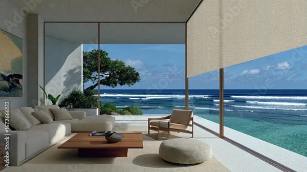 Fototapeta Luxurious living room with ocean views. Neutral-toned roller blinds, floor-to-ceiling windows, and modern furnishings create a calm and sophisticated ambiance.
