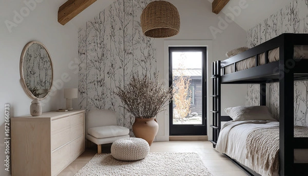 Fototapeta Modern guest room with a dark wood bunk bed. The tree-print wall, organic elements, and natural light create a peaceful haven.