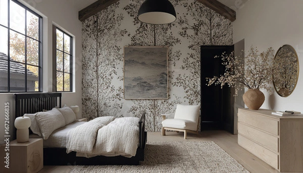 Fototapeta Modern bedroom with a rustic touch. The tree-patterned wall and wooden ceiling create a natural and serene atmosphere, perfect for relaxation and well-being.