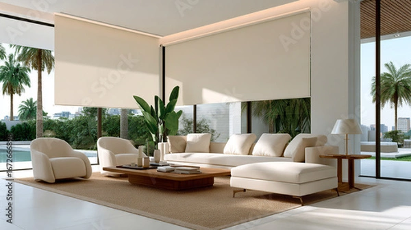 Fototapeta Luxurious living room with neutral tones, large windows, and motorized blinds. A haven of serenity that integrates the interior with the natural landscape.