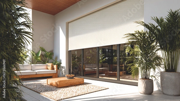 Fototapeta Minimalist and elegant terrace with roller blinds for optimal light control and privacy. A haven of tranquility with sophisticated furnishings and lush landscaping.