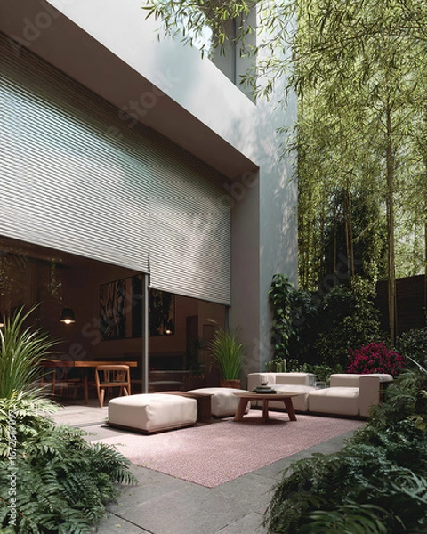 Fototapeta A modern vertical garden with bamboo and lush plants creates a haven of tranquility. The setting is perfect for relaxing and enjoying nature.
