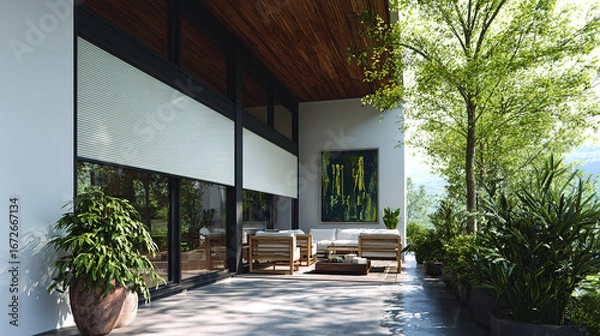 Fototapeta A modern retreat with an integrated design. A minimalist and elegant environment, perfect for relaxing and reconnecting with nature.
