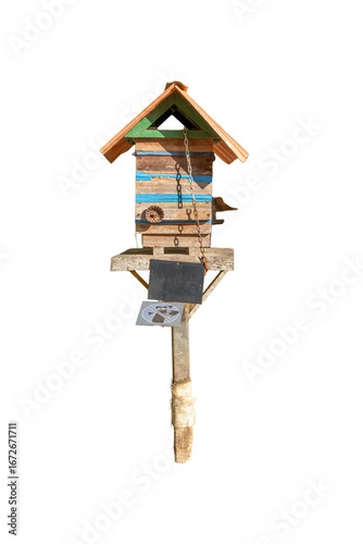 Fototapeta Photograph of a handmade wooden hive box for native bees. Sunny day. Concept of biodiversity preservation and ecology. Essential pollinators.