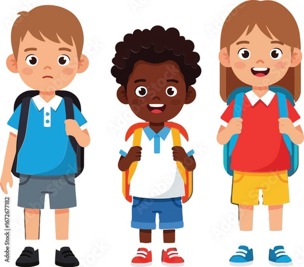 Fototapeta Three diverse happy school children standing with backpacks smiling in casual clothes vector illustration