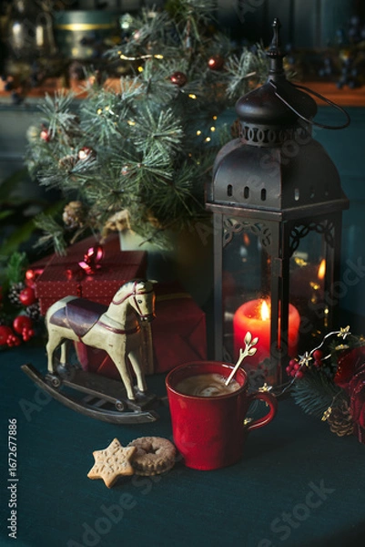 Obraz Christmas decor background with hot drink