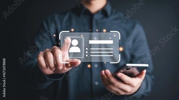 Fototapeta Professional using innovative digital profile interface on mobile device for modern networking and identity