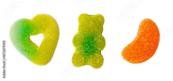 Fototapeta Colorful gummy candy set in bear, heart, and orange slice shapes with sugar and sour coating isolated on transparent for halloween trick or treat concept.