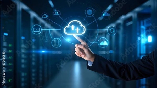 Fototapeta Business Hand Touching Cloud Computing Icon in Data Center