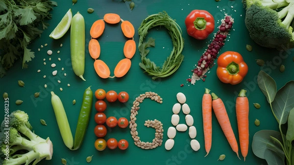 Fototapeta Organic Plant-Based Food Arrangement with 100% Vegan Word Designed Using Beans and Seeds, Green Background