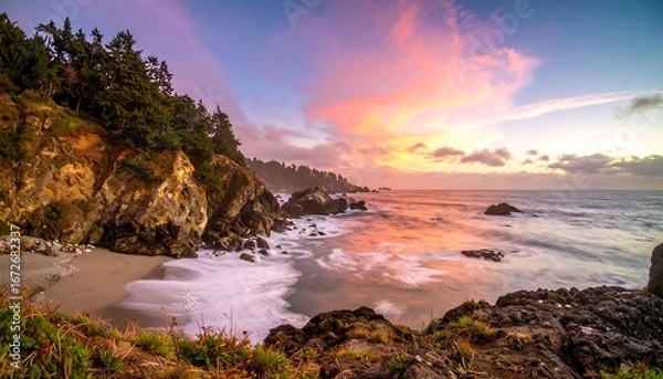 Fototapeta Dramatic coastal scene at sunset, featuring a rocky shoreline, a sandy beach, and a vibrant sky filled with hues of pink, purple, and blue.