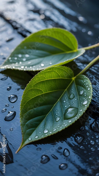 Obraz Two green leaves covered in water droplets resting on a dark, wet surface