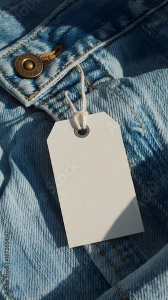 Obraz Close up of a denim jacket with a blank white tag