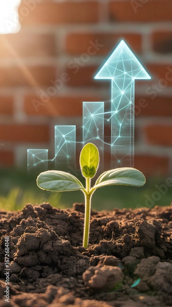 Obraz A seedling emerges from soil beneath a digital upward arrow and graph