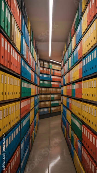 Obraz A narrow aisleway lined with shelves filled with colorful binders